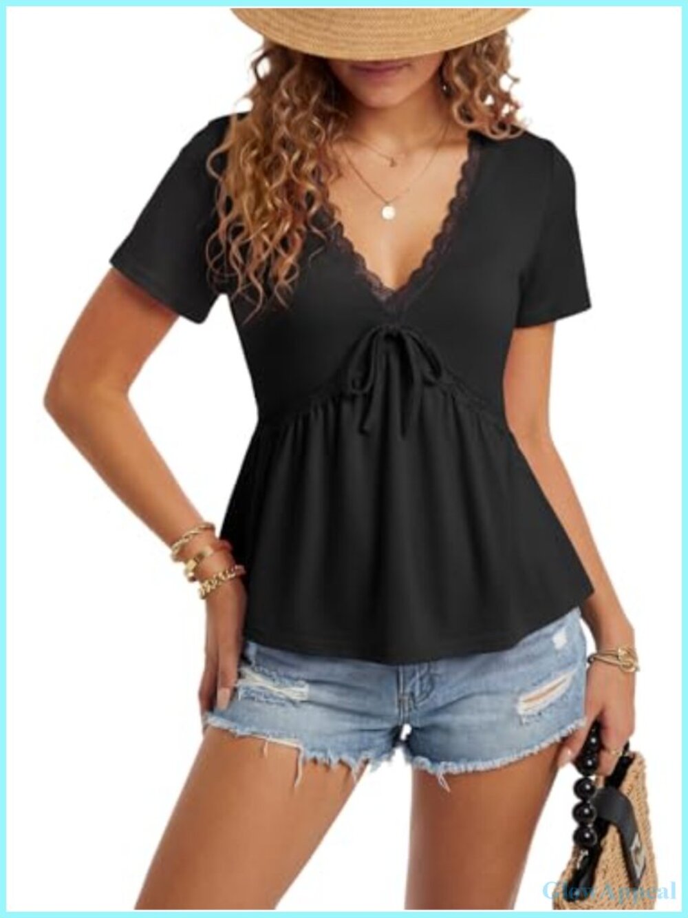 Women's Lace Trim V Neck Babydoll Blouse Ribbon Tie Short Sleeve Peplum